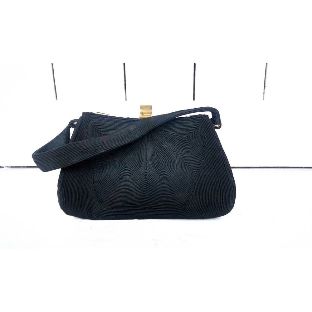 Vintage 1950s black chord evening handbag/50s small black frame purse - Picture 2 of 6